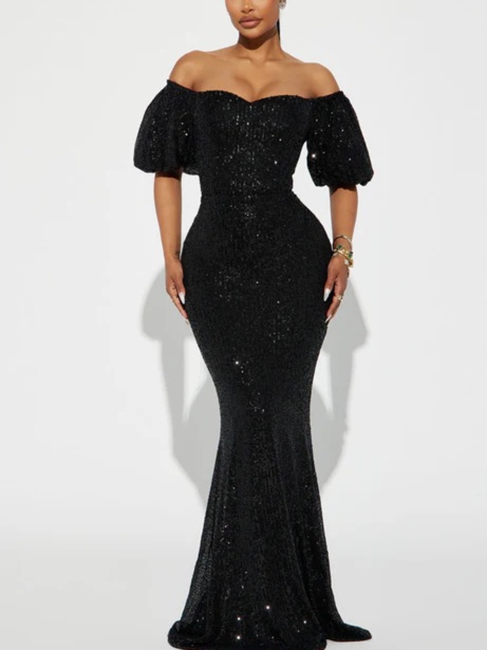 Fashion Nova Black Sequin Puff-Sleeve Maxi Dress